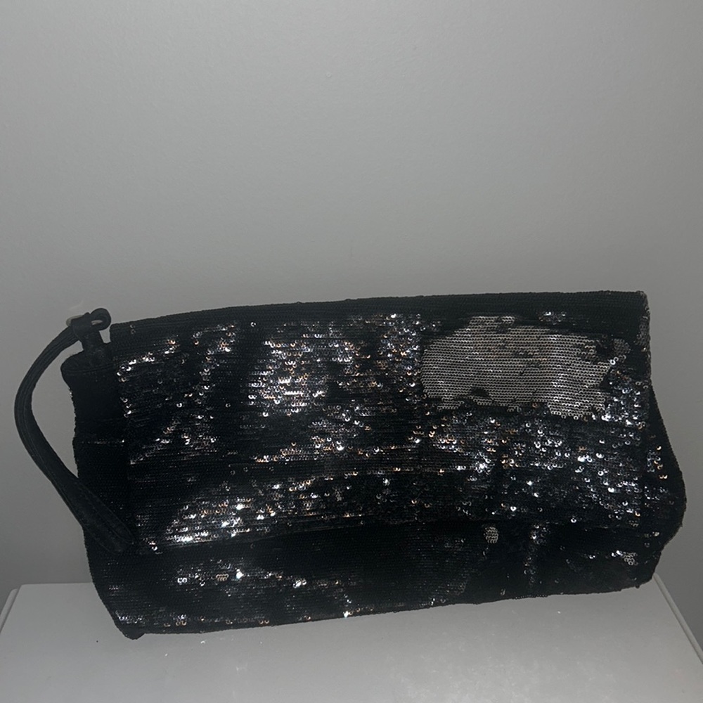 Zara large sequence clutch with wrist strap, black and silver